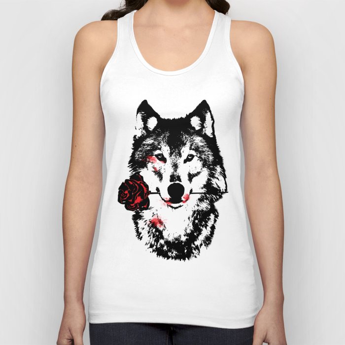 Wolf blood stained, holding a red rose. Tank Top