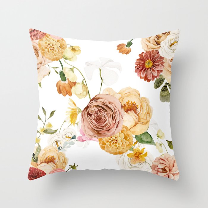 Neutral Floral Pattern Watercolor Throw Pillow