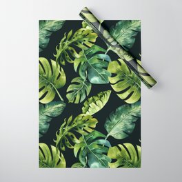 Watercolor Botanical Green Monstera Lush Tropical Palm Leaves Pattern on Solid Black Wrapping Paper