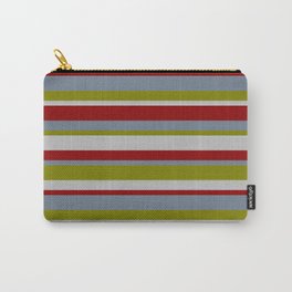 [ Thumbnail: Slate Gray, Green, Grey & Dark Red Colored Pattern of Stripes Carry-All Pouch ]