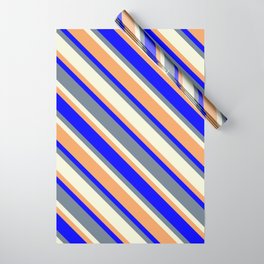 [ Thumbnail: Beige, Brown, Blue & Slate Gray Colored Pattern of Stripes Wrapping Paper ]