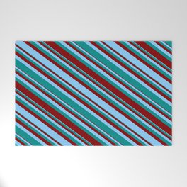 [ Thumbnail: Light Sky Blue, Dark Cyan & Maroon Colored Lined Pattern Welcome Mat ]