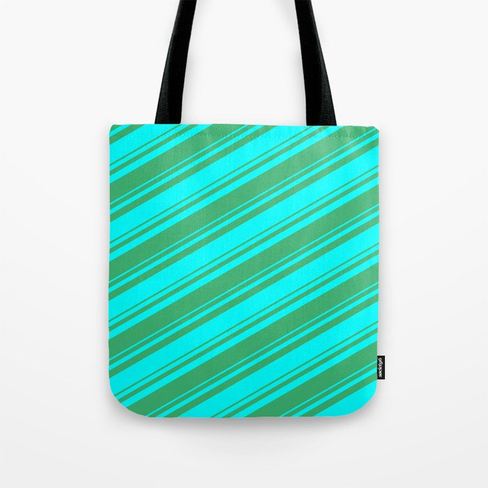 Sea Green and Aqua Colored Lined Pattern Tote Bag