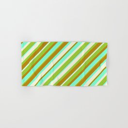[ Thumbnail: Beige, Green, Dark Goldenrod, and Aquamarine Colored Striped/Lined Pattern Hand & Bath Towel ]