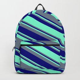[ Thumbnail: Aquamarine, Slate Gray, and Blue Colored Pattern of Stripes Backpack ]