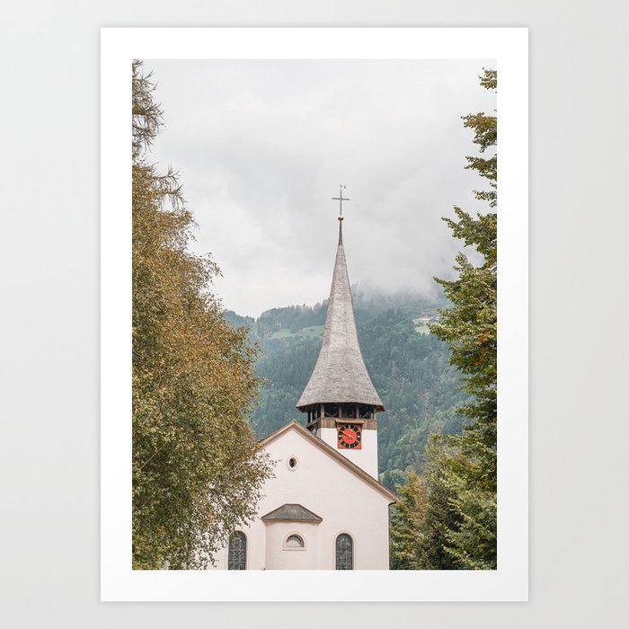 Moody Swiss Landscape photo | White Church In Lauterbrunnen, Switzerland Art Print | Nature Travel Photography Art Print