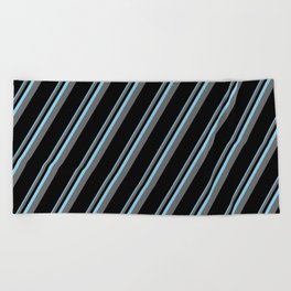 [ Thumbnail: Sky Blue, Dim Grey, and Black Colored Pattern of Stripes Beach Towel ]