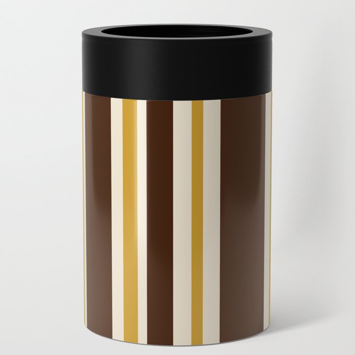 Retro Midcentury 70s Vertical Stripe Pattern Brown and Gold Can Cooler