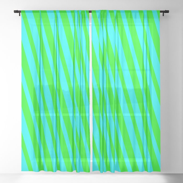 Lime & Cyan Colored Lined/Striped Pattern Sheer Curtain