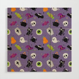 Halloween Seamless Pattern with Funny Spooky on Purple Background Wood Wall Art