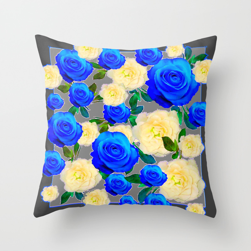 Charcoal Grey Decorative White Blue Rose Garden Throw Pillow By