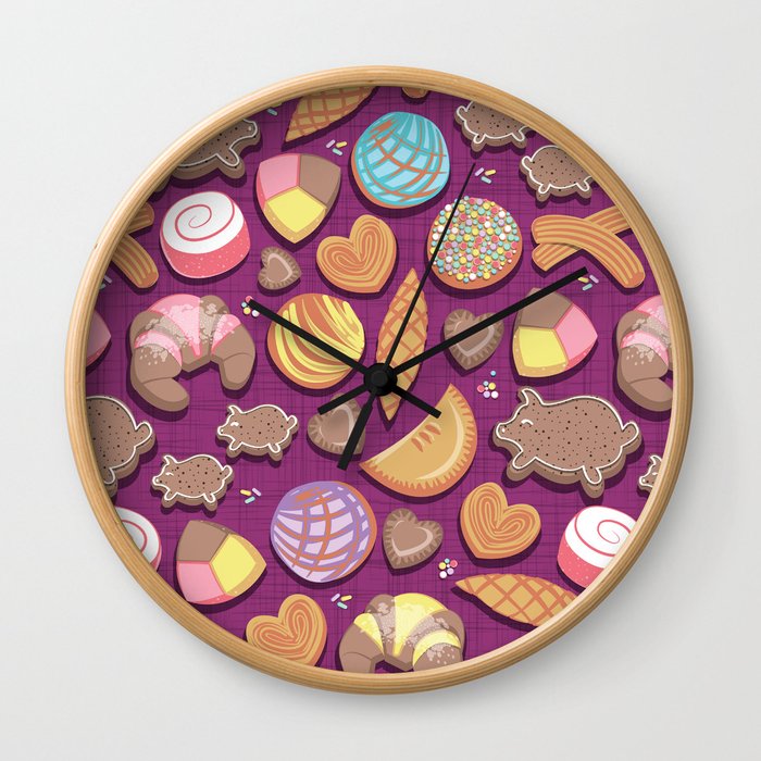 Mexican Sweet Bakery Frenzy // pink background // pastel colors pan dulce Wall Clock