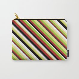 [ Thumbnail: Eye-catching Tan, Green, Red, Black & White Colored Striped/Lined Pattern Carry-All Pouch ]