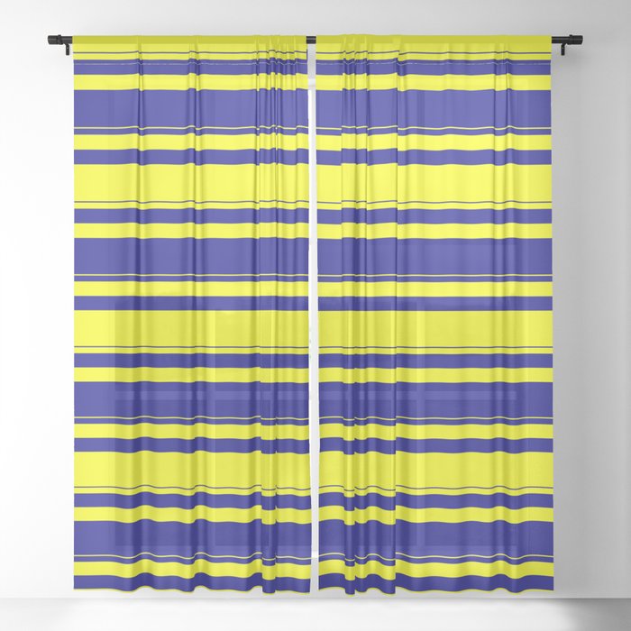 Yellow & Blue Colored Lined/Striped Pattern Sheer Curtain