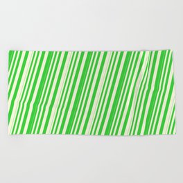 [ Thumbnail: Beige & Lime Green Colored Lined Pattern Beach Towel ]