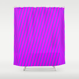 [ Thumbnail: Fuchsia & Royal Blue Colored Stripes Pattern Shower Curtain ]