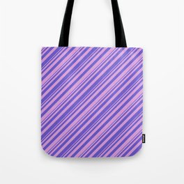 [ Thumbnail: Plum & Slate Blue Colored Lined Pattern Tote Bag ]