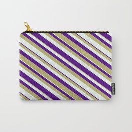 [ Thumbnail: Dark Khaki, Mint Cream, and Indigo Colored Striped/Lined Pattern Carry-All Pouch ]