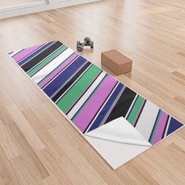 [ Thumbnail: Vibrant Orchid, Sea Green, Midnight Blue, White & Black Colored Lines Pattern Yoga Towel ]