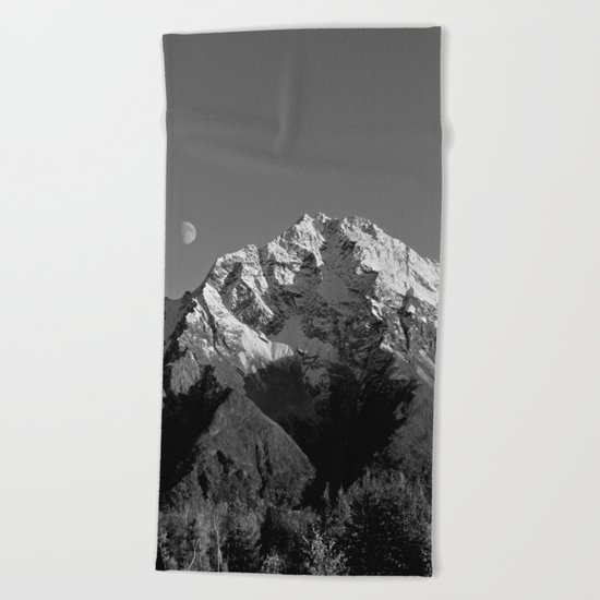 Moon Over Pioneer Peak B&W Beach Towel