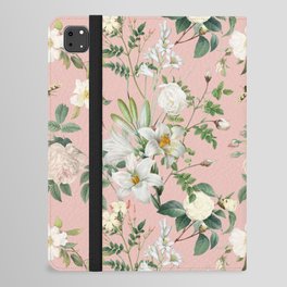 White Flowers Lush Floral Botanical Pattern & Pink Hibiscus Color  iPad Folio Case