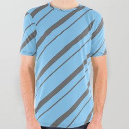[ Thumbnail: Light Sky Blue & Dim Gray Colored Striped Pattern All Over Graphic Tee ]