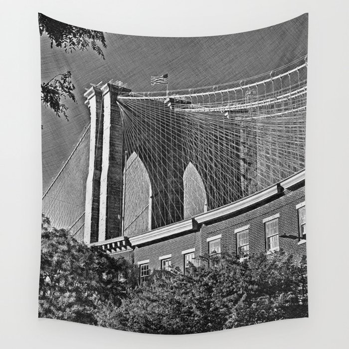 Brooklyn Bridge black and white sketch Wall Tapestry