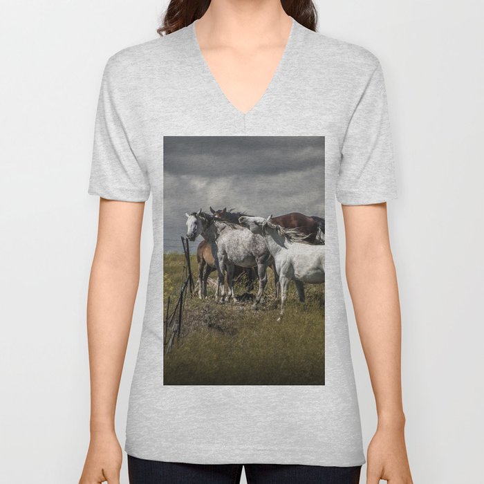 Western Horses by the Pasture Fence under a Cloudy Sky in Montana V Neck T Shirt