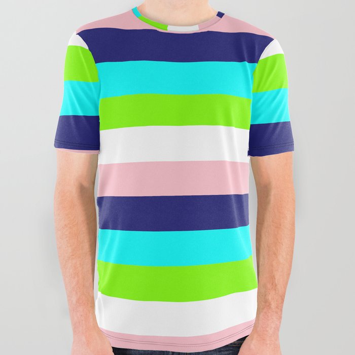 Pink, Midnight Blue, Cyan, Chartreuse, and White Colored Lined/Striped Pattern All Over Graphic Tee