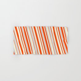 [ Thumbnail: Light Grey, Red, and Beige Colored Striped Pattern Hand & Bath Towel ]