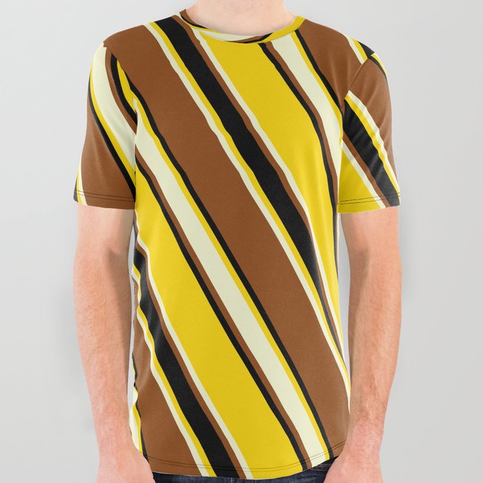 Yellow, Light Yellow, Brown & Black Colored Stripes Pattern All Over Graphic Tee