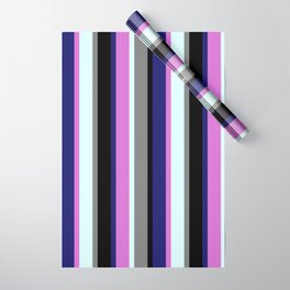 [ Thumbnail: Eye-catching Midnight Blue, Orchid, Light Cyan, Gray, and Black Colored Stripes/Lines Pattern Wrapping Paper ]