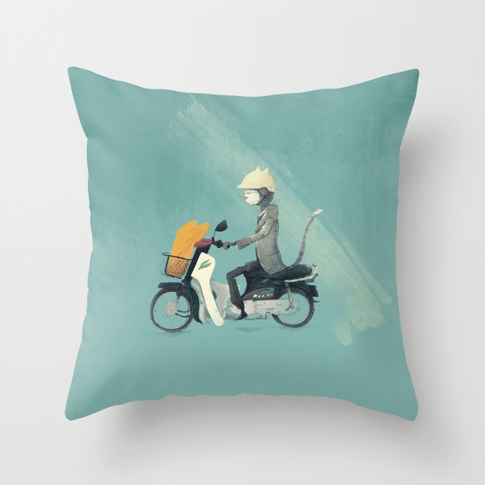 Dream - Grandpa Cat on Motorbike with Baguette Throw Pillow