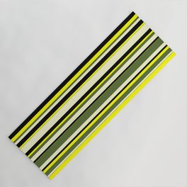 [ Thumbnail: Yellow, Dark Olive Green, Light Yellow, and Black Colored Lines Pattern Yoga Mat ]