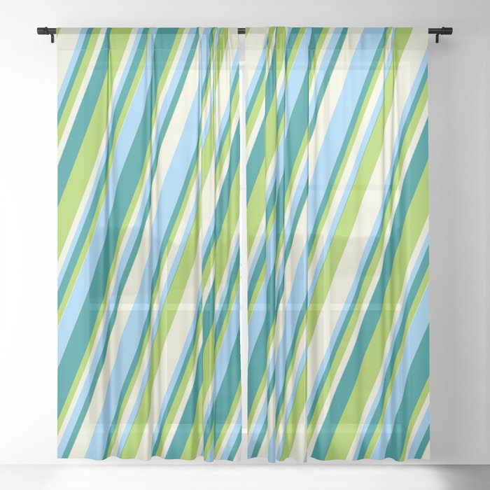 Teal, Green, Beige & Light Sky Blue Colored Stripes/Lines Pattern Sheer Curtain
