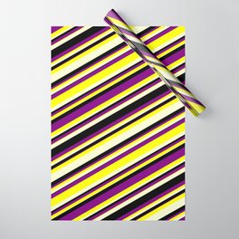 [ Thumbnail: Purple, Yellow, Light Yellow & Black Colored Lines/Stripes Pattern Wrapping Paper ]