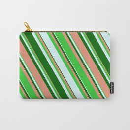 [ Thumbnail: Dark Salmon, Lime Green, Light Cyan, and Dark Green Colored Stripes/Lines Pattern Carry-All Pouch ]