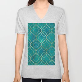 Teal Emerald Golden Moroccan Quatrefoil Pattern V Neck T Shirt