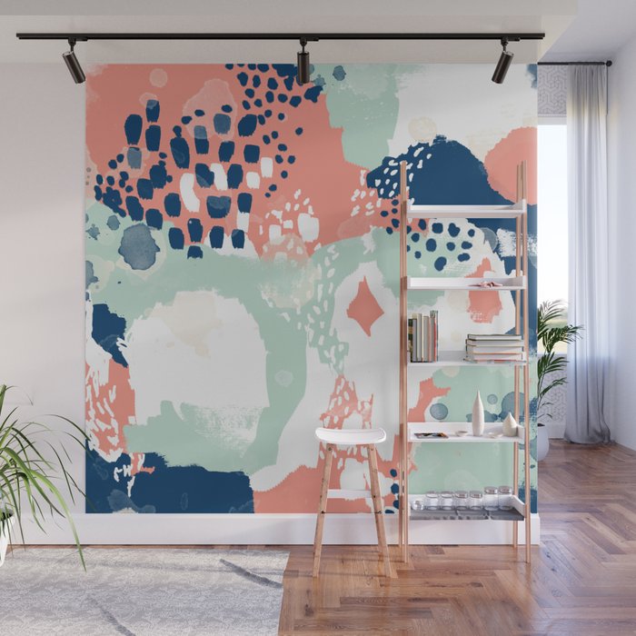 Kayl Abstract Painting Minimal Coral Mint Navy Color Palette Boho Hipster Decor Nursery Wall Mural By Charlottewinter