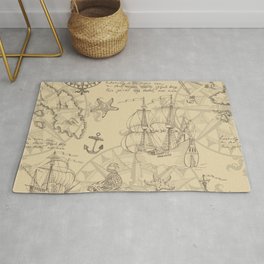Old caravel, vintage sailboat, sea monster. Hand drawn sketch. Seamless pattern. Detail of the old geographical maps of sea.  Area & Throw Rug