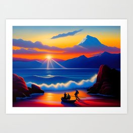 Kodiak Island, Alaska; red alpine coastal sunrise with boat seascape nautical landscape painting Art Print