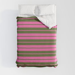 [ Thumbnail: Hot Pink and Dark Olive Green Colored Lined Pattern Duvet Cover ]
