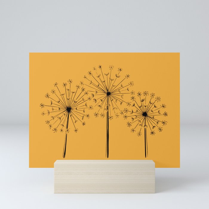 Dandelions Linocut in mustard Mini Art Print