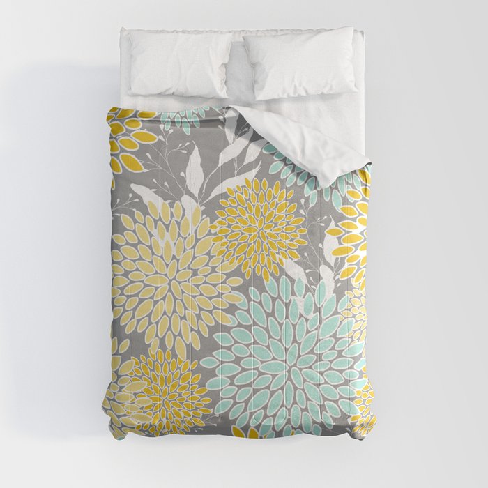 Floral Prints and Leaves, Gray, Yellow and Aqua Comforter
