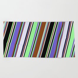 [ Thumbnail: Eyecatching Slate Blue, Brown, Lavender, Black & Green Colored Stripes Pattern Beach Towel ]