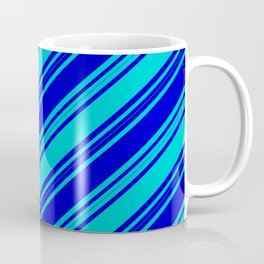 [ Thumbnail: Blue & Dark Turquoise Colored Stripes/Lines Pattern Coffee Mug ]