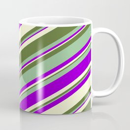 [ Thumbnail: Dark Sea Green, Dark Violet, Light Yellow & Dark Olive Green Colored Stripes Pattern Coffee Mug ]