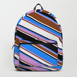 [ Thumbnail: Blue, Plum, Brown, White & Black Colored Lined/Striped Pattern Backpack ]