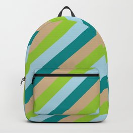 [ Thumbnail: Tan, Green, Light Blue, and Dark Cyan Colored Stripes Pattern Backpack ]