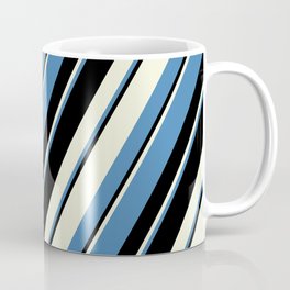 [ Thumbnail: Beige, Blue & Black Colored Pattern of Stripes Coffee Mug ]